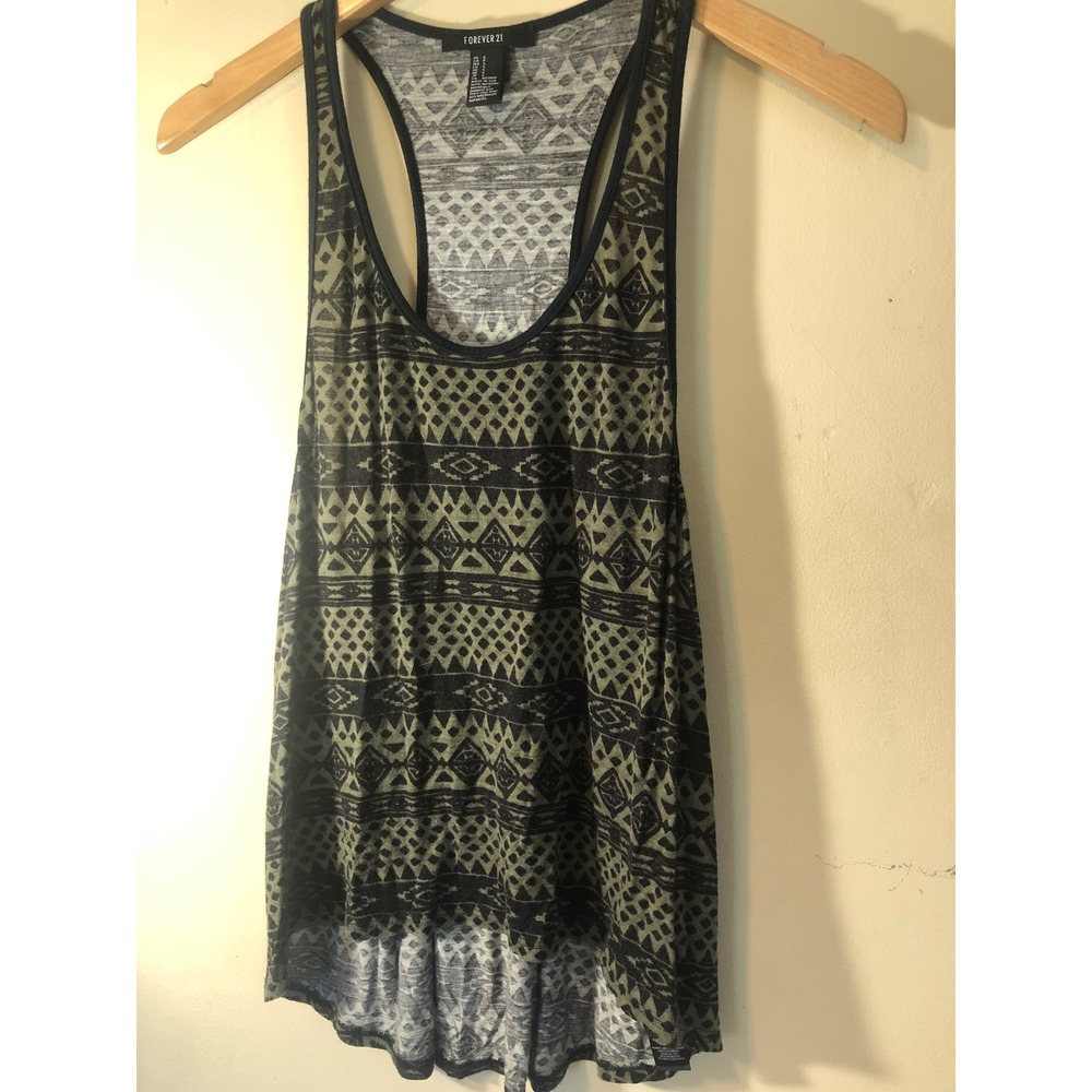 Forever 21 Olive Green Tribal Geometric Racerback Tank Top Small High Low Rayon